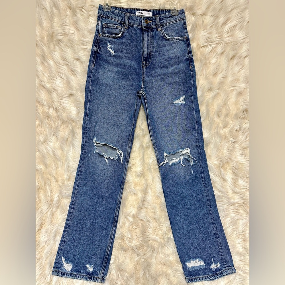 ZARA High Rise Straight Leg Distressed Jeans | Size 4 (EU 36)